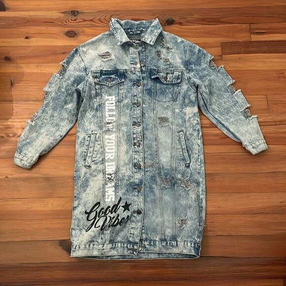 Thrill Acid Wash Long Duster Jean Jacket Womens Medium Graphic Print Distressed - Picture 3 of 12